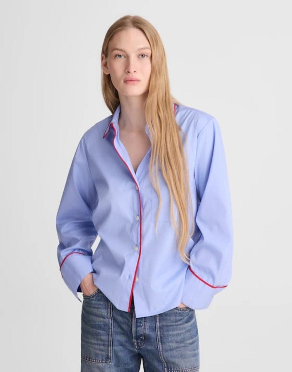 Madewell The Signature Y-Neck Shirt in Poplin Tranquil Blue Relaxed Small NWT